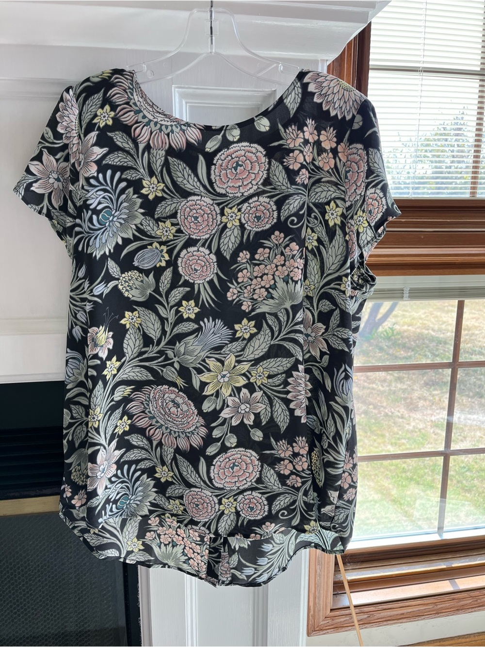 LOFT Gray Floral Short Sleeve Blouse with Pink, Blue, Yellow Light Green Blooms